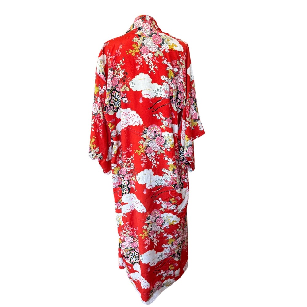 Vintage Japanese Kimono Robe Red‎ Silk Floral Cloud Print Made in Japan Long XL